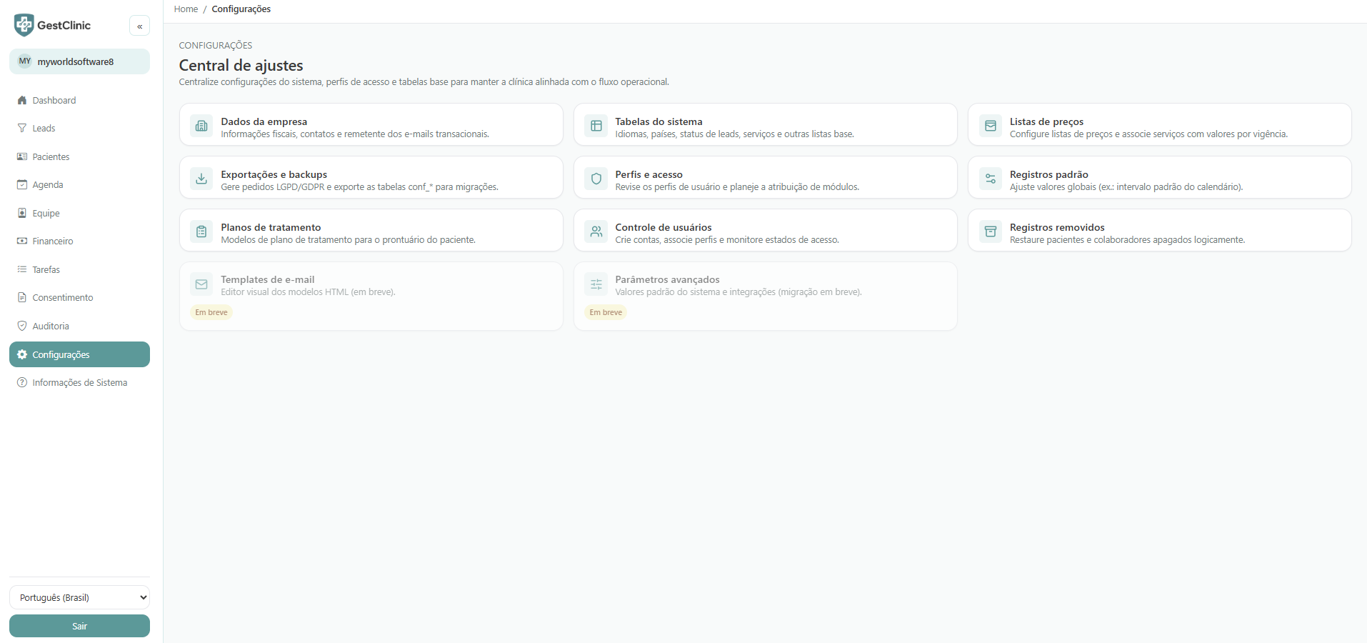 GestClinic settings screen